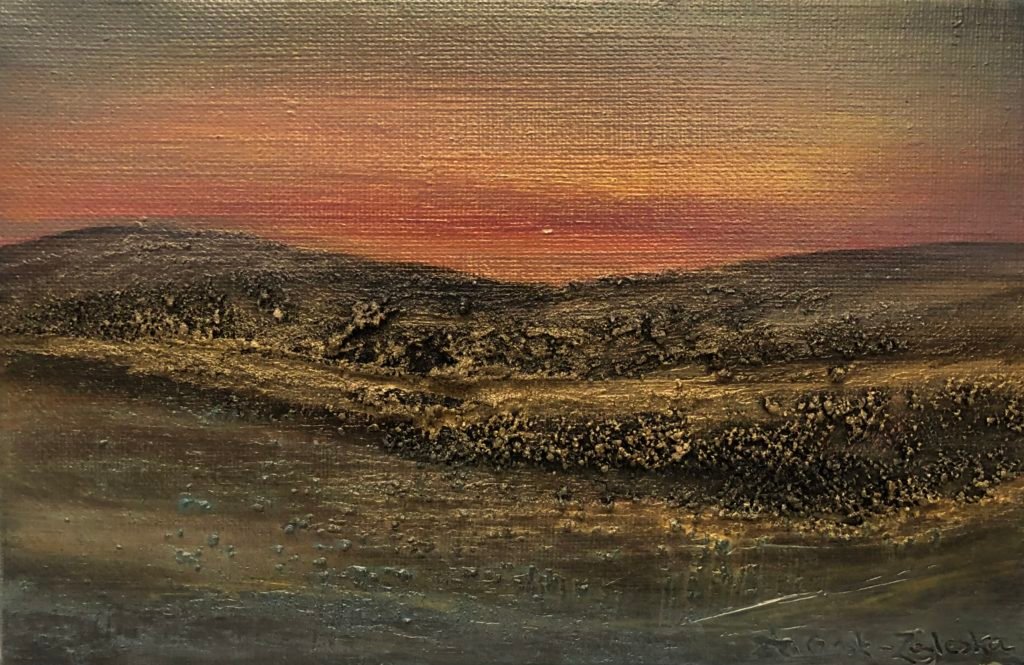 coucher de Soleil, peinture sur toile, technique mixte, relief