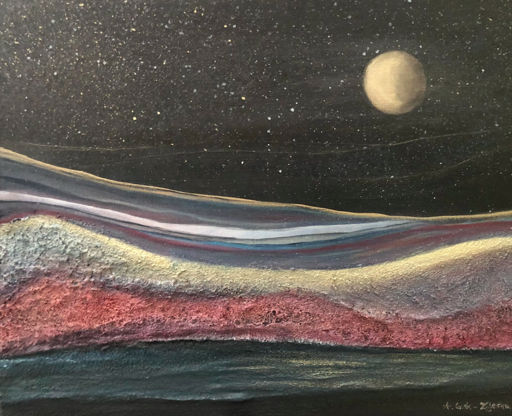 Peinture sur toile, acrylique en relief, paysage nocturne