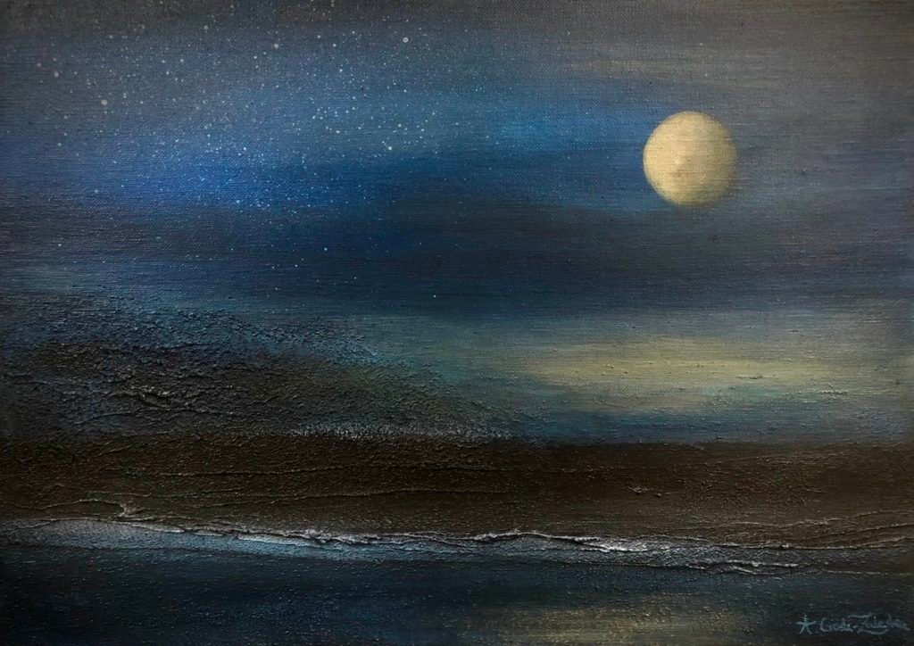 Paysage nocturne, lune, clair de lune, peinture en relief sur toile