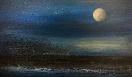 Paysage nocturne, lune, clair de lune, peinture en relief sur toile